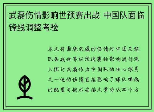 武磊伤情影响世预赛出战 中国队面临锋线调整考验